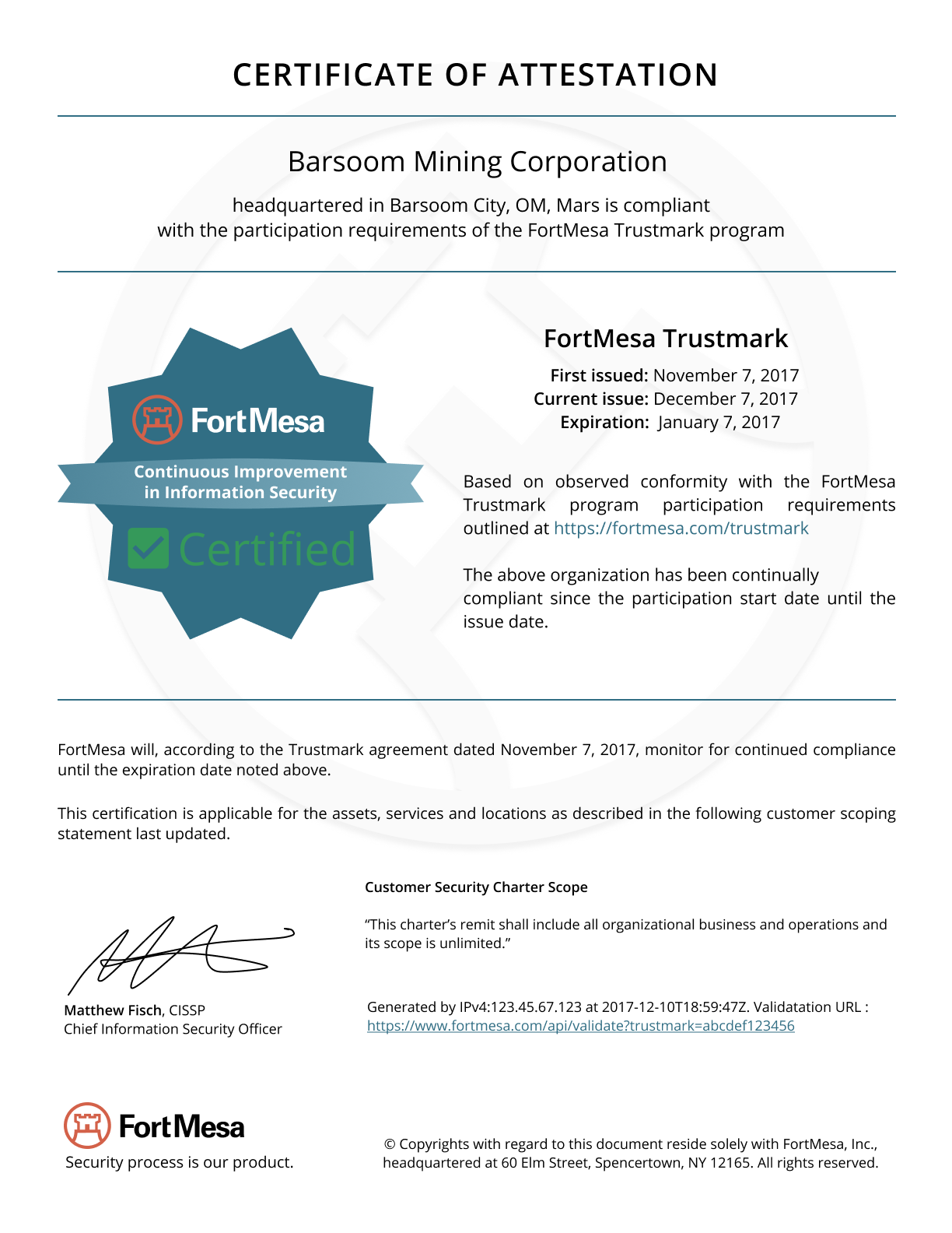 Example FortMesa Trustmark Certificate of Attestation